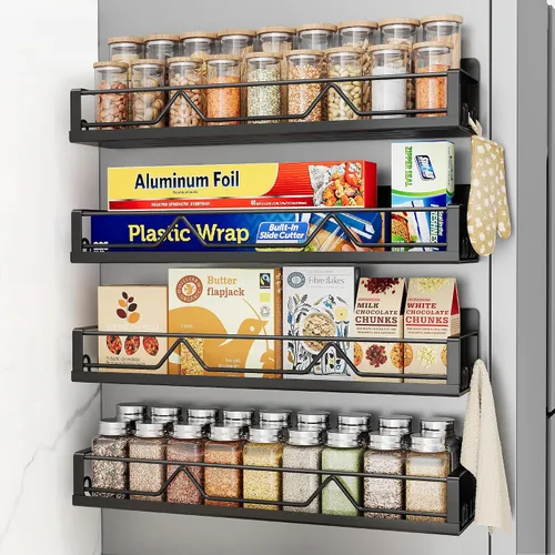 Mystozer Estante magnético para especias de gran capacidad de 16.9 pulgadas de ancho para refrigerador, paquete de 4 estantes de metal para Negro
