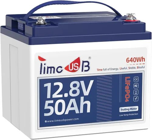 Timeusb Batería de litio LiFePO4 de 12 V y 50 Ah para motor de arrastre con protección contra bajas temperaturas, 15000 ciclos profundos, corriente