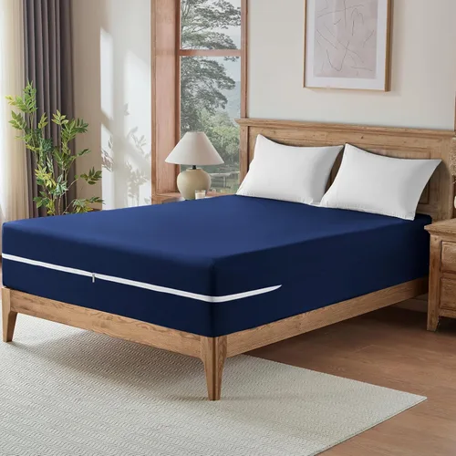 Vista 2 de SiinvdaBZX Sábana bajera ajustable con cremallera solo tamaño Queen, funda de colchón de microfibra ultrasuave con cremallera, protector de sábana