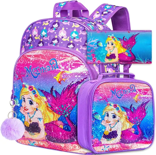 KLFVB 3 mochilas de sirena de unicornio para niñas, bolsa de libros y lonchera de lentejuelas de 16 pulgadas, mochilas preescolares para primaria