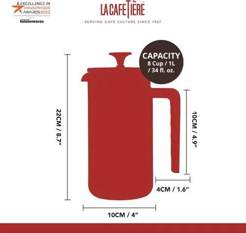 Vista 3 de La Cafetière Pisa Cafetière, 8 tazas/1L, vidrio de borosilicato resistente al calor y acero inoxidable con émbolo de fácil agarre, cafetera