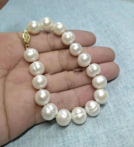 Pulsera de perlas barrocas blancas AAA de 0.472-0.512in del Mar del Sur de 7.5-8 pulgadas con cierre de oro de 14 quilates #11426