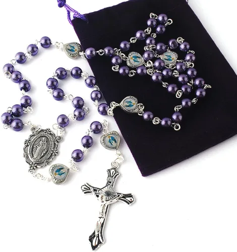 Vista 7 de HanlinCC Cuentas de perlas de vidrio con corazón de epoxi milagroso cuentas de metal paquete de collar de rosario en bolsa de regalo de terciopelo
