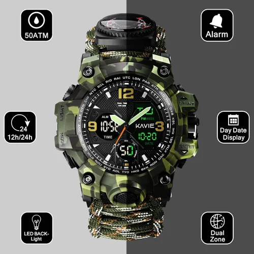 Vista 2 de Reloj militar digital de supervivencia 23 en 1, reloj táctico multifuncional y con correa ajustable para hombre, resistente al agua