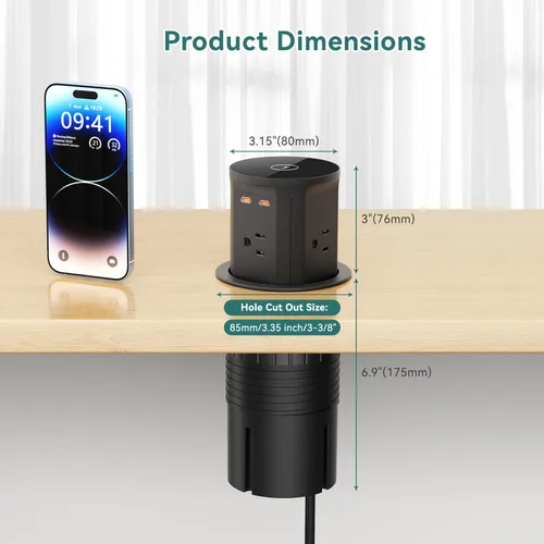 Vista 6 de QBA Toma de corriente desplegable para encimera con PD 20 W USB-C, cargador inalámbrico de 15 W, toma de corriente desplegable con 4 tomas, 3