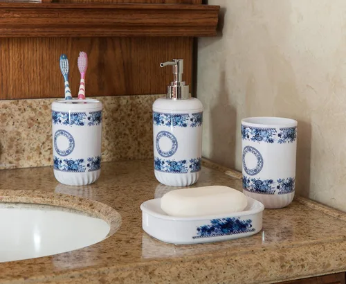 Vista 2 de Basicwise Juego de accesorios de baño de 4 piezas, incluye dispensador de jabón, soporte para cepillo de dientes, vaso y jabonera (blanco)