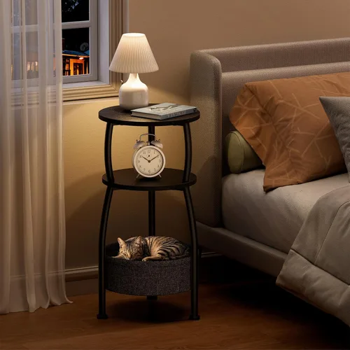 Vista 5 de Mesa auxiliar redonda pequeña para sala de estar con cesta de almacenamiento, mesa auxiliar pequeña que ahorra espacio, mesita de noche de 3