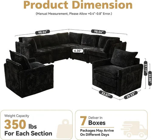 Vista 2 de Sofá seccional modular, conjunto de sofá en forma de L de 98" para sala de estar, sofás de nube cómodos de 4 plazas con sillas giratorias Negro