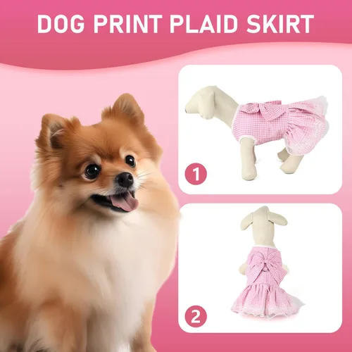 Vista 4 de Vestido para perro a cuadros con lazo, bonito vestido para perro pequeño, gato, cachorro con correa de arnés (rosa, XS)