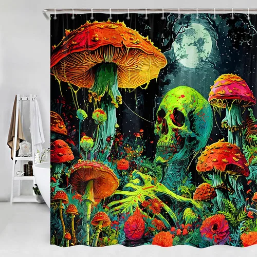 Vista 3 de Cortina de ducha de calavera con luz negra de Halloween, espeluznante cortina de ducha con luz negra para baño, juego de cortina de ducha reactiva a