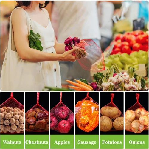 Vista 5 de Sukh 90 bolsas de malla para productos – Bolsas de malla para verduras de 24 pulgadas, red de almacenamiento de cebolla, red de mariscos para Rojo