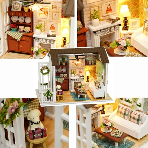 Vista 3 de Kit de casa de muñecas en miniatura para bricolaje, casa de muñecas realista en miniatura 3D de madera, habitación de muñeca con muebles, luces LED