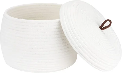 Vista 36 de Sea Team Cesta de almacenamiento redonda de cuerda de algodón con tapa, contenedor de almacenamiento tejido decorativo, cesto, maceta, caddy