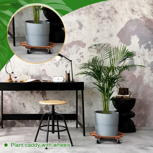Vista 6 de Taiyin Paquete de 2 soportes de madera para plantas de 16 pulgadas con ruedas bloqueables, rodillo resistente para plantas de 220 libras con ruedas