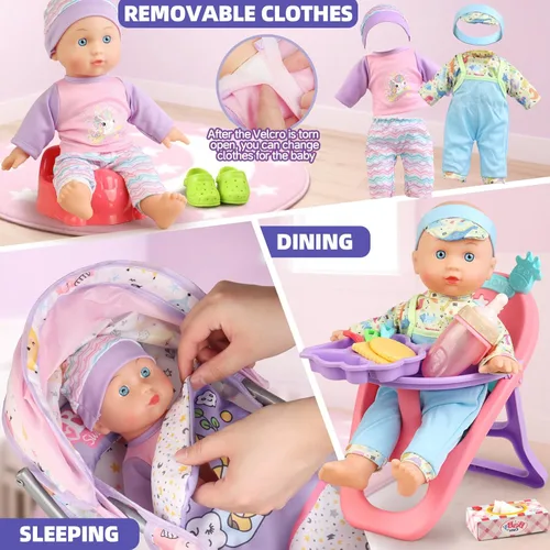 Vista 4 de Juego de Cochecito de Muñeca para Niñas Pequeñas de 3-5, 4-6, 5-7 Años para Jugar a la Casita. Juguete de Cochecito con Muñeca de Bebé de 12.5