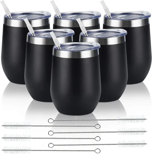 Vaso de vino de acero inoxidable de 12 oz, doble pared con aislamiento al vacío con tapa y pajita, vaso de vino sin tallo de acero inoxidable para