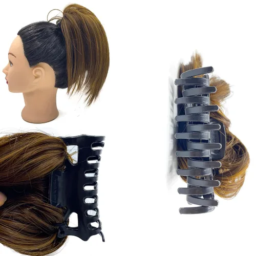 Vista 4 de Extensión de cabello desordenado con reflejos, moño de garra, extensión de cola de caballo sintética con cordón elástico, extensión de moño