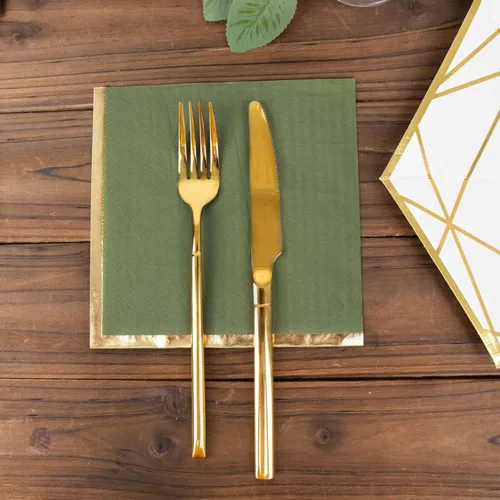 Vista 8 de Efavormart 50 Pack Servilletas de papel para fiestas de 2 capas suaves verde oliva con borde dorado de oro, servilletas para cenas, cócteles