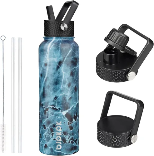 Vista 114 de BJPKPK - Botellas de agua aisladas con tapa con popote, botella grande de metal de 32 onzas con 3 tapas, termo reutilizable sin fugas y sin BPA