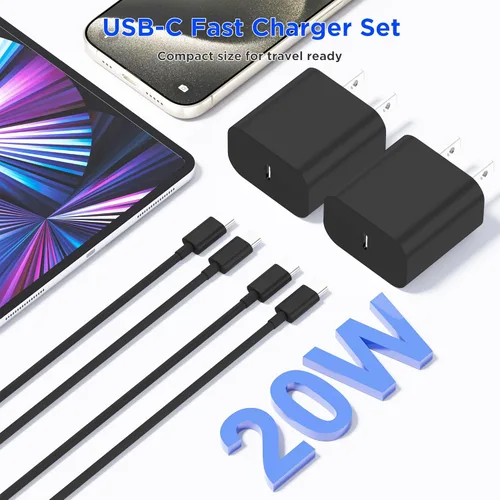 Vista 5 de Cargador de carga rápida para iPhone 17, 16, 15, paquete de 20 W, Apple iPad, USB C, bloque Chrager de pared con cable USB C a C de 6 pies para Negro