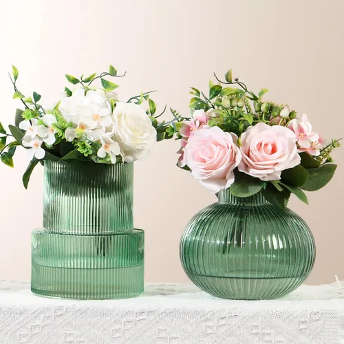 Vista 64 de Jarrones de vidrio acanalado, juego de 2 jarrones estriados para flores, florero de vidrio ámbar para tulipanes, jarrón moderno para sala de estar