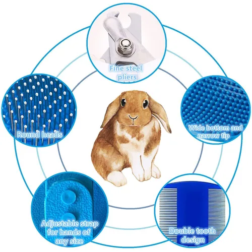 Vista 3 de 7 in 1 Small Pet Grooming Kit Dog Cat Rabbit Bath Brush Set with Bath Gloves Nail Clipper File and Flea Combs for Shedding and Cleaning