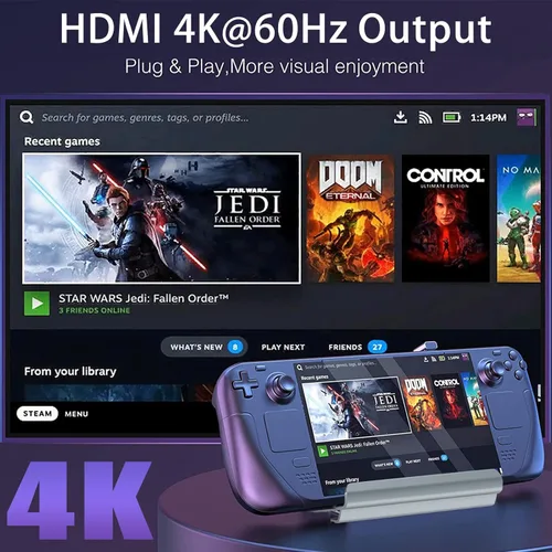 Vista 2 de Estación de acoplamiento para Steam Deck ROG Ally, estación de corriente 6 en 1 con HDMI 2.0 4K@60Hz, Gigabit Ethernet de 1000Mbps, 3 USB-A 3.0