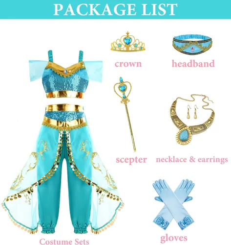 Vista 7 de Disfraz de jazmín para niñas, vestido de princesa árabe, para fiesta de cumpleaños, carnaval, juego de ropa de cosplay de jazmín