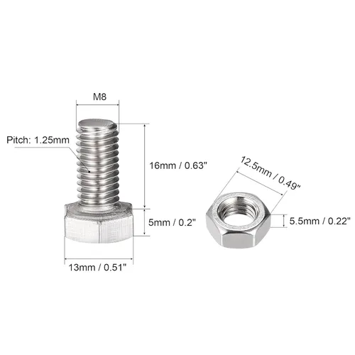 Vista 2 de uxcell Tornillos de cabeza hexagonal M8 x 0.630 in, tuercas, kits de arandelas planas y de bloqueo, pernos hexagonales de rosca completa de acero