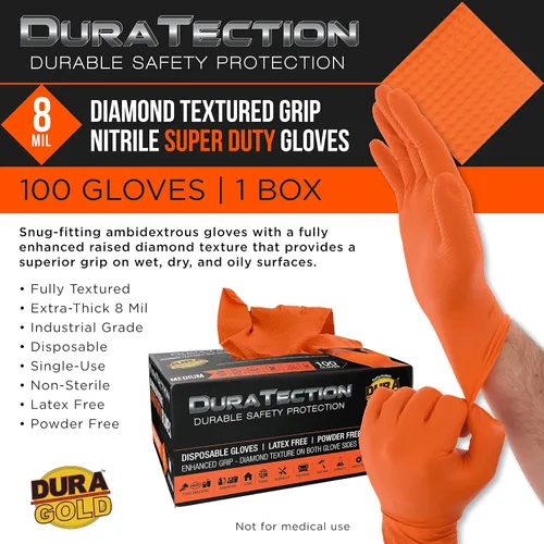 Vista 2 de Dura-Gold Duratection - Guantes desechables de nitrilo con textura de diamante, 8 mil color naranja