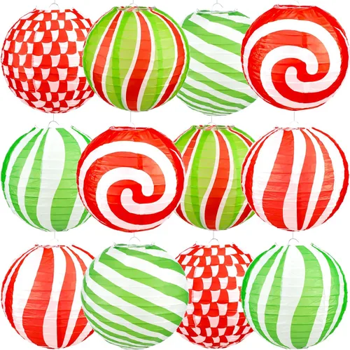 Panelee 12 linternas de papel de menta de Navidad de 8 pulgadas, color rojo, verde y blanco, bastones de caramelo colgantes, linternas de papel