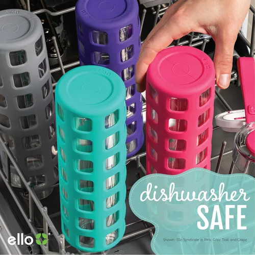 Vista 5 de Ello Syndicate - Botella de agua de vidrio reutilizable de 20 onzas con tapa abatible a prueba de fugas de un solo toque, funda protectora