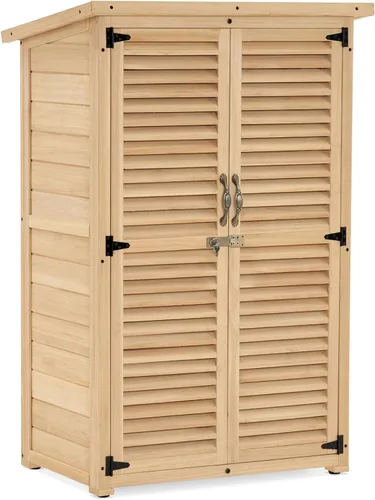 Vista 13 de MCombo Gabinete de Almacenamiento Exterior, Cobertizo de Almacenamiento de Madera con Pestillo, Cobertizo de Herramientas de Jardín Exterior con 2