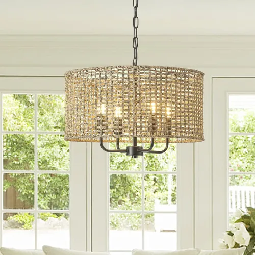 Vista 5 de Lámpara de araña de ratán bohemio de 20 pulgadas para comedor, 5 luces tejidas a mano de ratán natural con cadena ajustable, enchufes E12