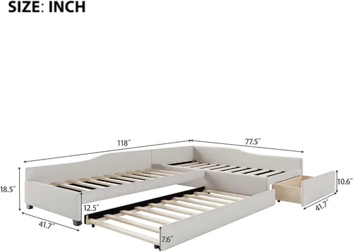 Vista 2 de Merax Sofá cama doble, cama doble tapizada con cama nido y cajón, color beige