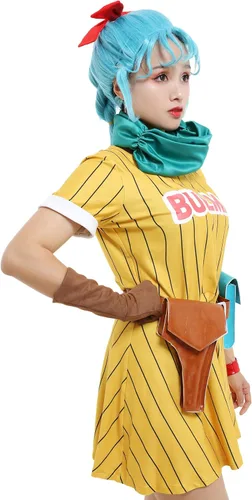 Vista 4 de Cosplay.fm Disfraz de anime para mujer, vestido amarillo con bufanda y cinturón