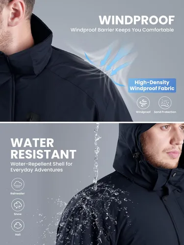 Vista 5 de Abrigos de invierno para hombre, chaqueta parka con capucha abrigada, impermeable, forrada con forro polar para nieve y esquí
