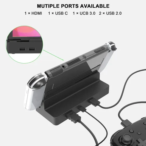 Vista 5 de Estación de acoplamiento de TV para Nintendo SwitchSwitch OLED, base de TV portátil con HDMI 4K USB 3.0, puertos de carga USB C de repuesto