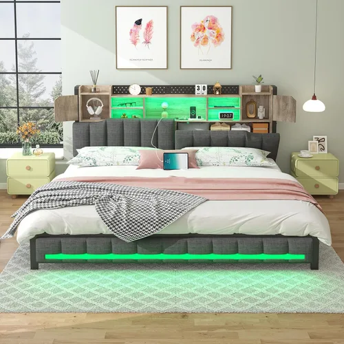 Vista 12 de Base de cama LED Queen con cabecera de estantería y 4 cajones de almacenamiento, marco de cama Queen tapizado con estación de carga USB y tipo C