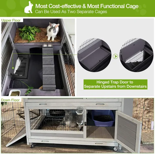 Vista 3 de GUTINNEEN Bunny Hutch Indoor Rabbit Hutch Large Guinea Pig Cage with Wheel, Outdoor Rabbit Cage with Removable Bottom Wire Floor