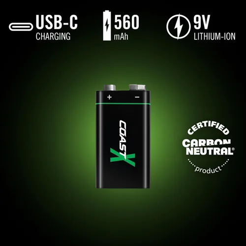 Vista 2 de Coast ZX - Baterías recargables USB-C de 9 V, ZITHION-X, iones de litio de 1.5 V 560 mAh, larga duración, se carga menos de 3 horas, cable de carga