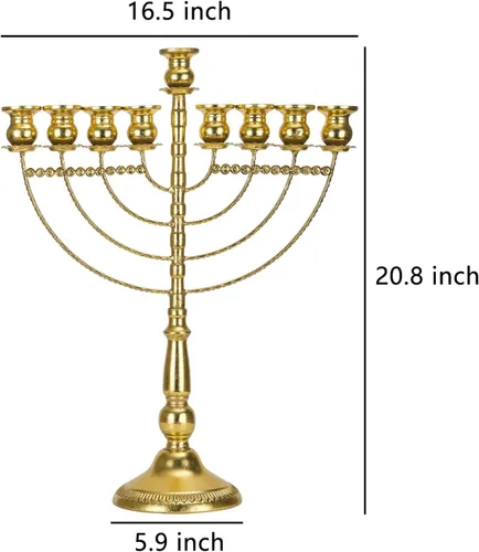Vista 3 de Portavelas de oro con 9 ramas de menorás, portavelas para Hanukkah, Shabat, Templo de Jerusalén
