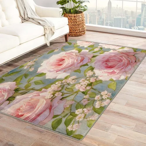 Alfombra rosa para decoración del hogar, alfombra floral rosa para sala de estar, dormitorio, entrada, alfombra de área floral de 2 x 3, lavable,