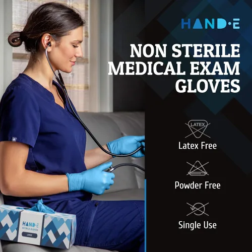 Vista 2 de Guantes desechables de nitrilo azul Hand-E Touch - Guantes de examen médico sin látex, sin polvo, seguros para alimentos, para cocinar