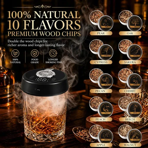 Vista 6 de Kit de ahumador eléctrico de whisky con 7 modos de luz, ahumador de cóctel recargable con 2 vasos de bourbon de madera, 10 chips de madera natural