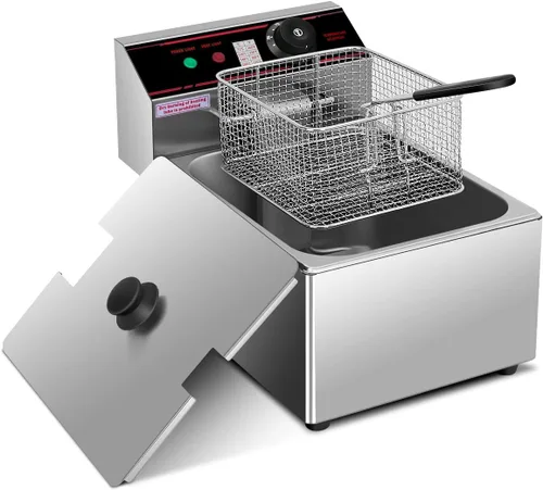 Vista 9 de Giantex Freidora comercial de 3400 W, tanque doble, freidora eléctrica de acero inoxidable de 12.8 cuartos de galón con 2 cestas, tapas y control