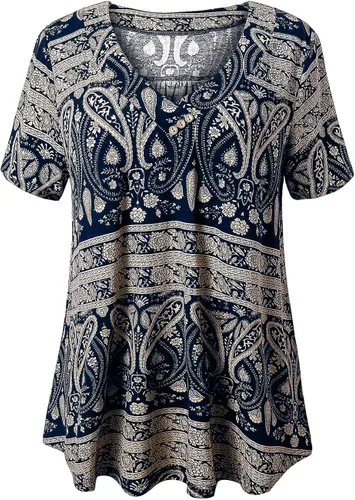 FOLUNSI - Blusas de manga corta para mujer, tallas extragrandes, de cuello en V estilo Henley y con estampado floral, estilo túnica, tallas de M a