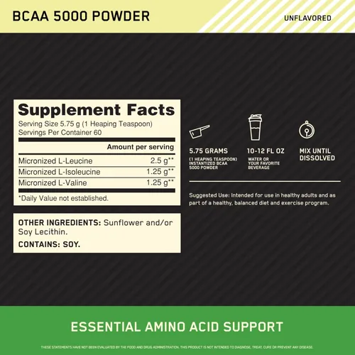 Vista 2 de Optimum Nutrition Polvo de BCAA instantáneo, sin sabor, apto para dieta cetogénica, aminoácidos esenciales de cadena ramificada, 5000 mg, 60