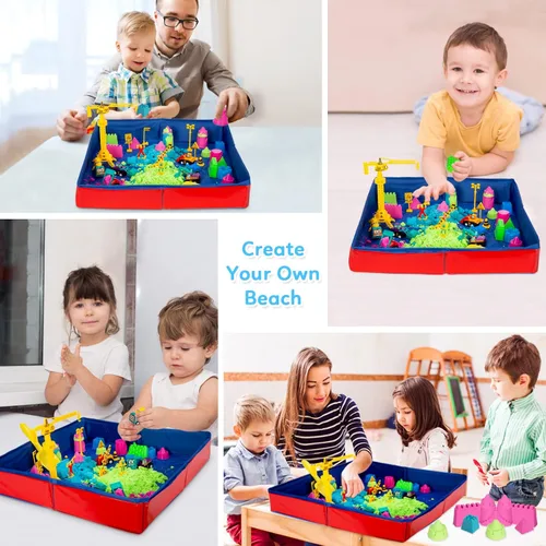 Vista 9 de ThinkMax Kit de arena para niños, arena de 3 libras, 6 mini camiones de construcción, juguetes, letreros, moldes de castillo, herramientas, caja