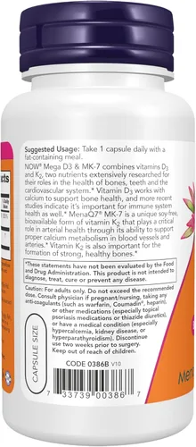 Vista 3 de Suplementos NOW, Mega D-3 y MK-7, 5000 UI / 180 mcg, soporte óseo y cardiovascular*, vitaminas K-3 y K-2, 120 cápsulas